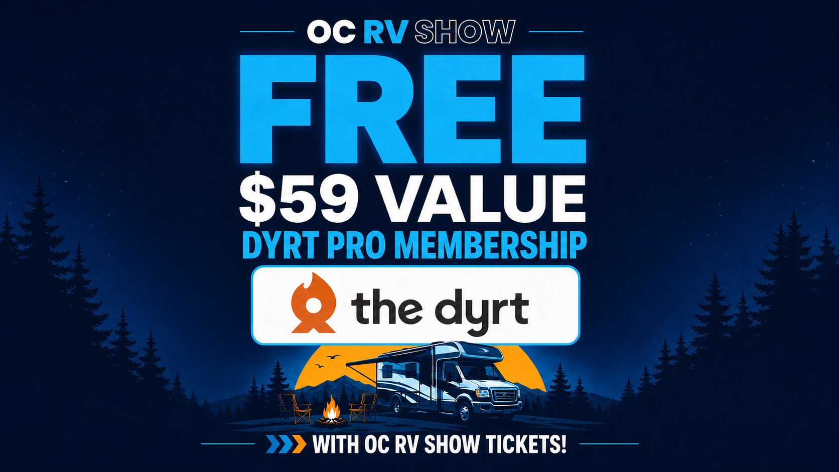 Promotional banner for OC RV Show offering a free $59 value DYRT Pro membership with The Dyrt logo, featuring an RV by a campfire at dusk.