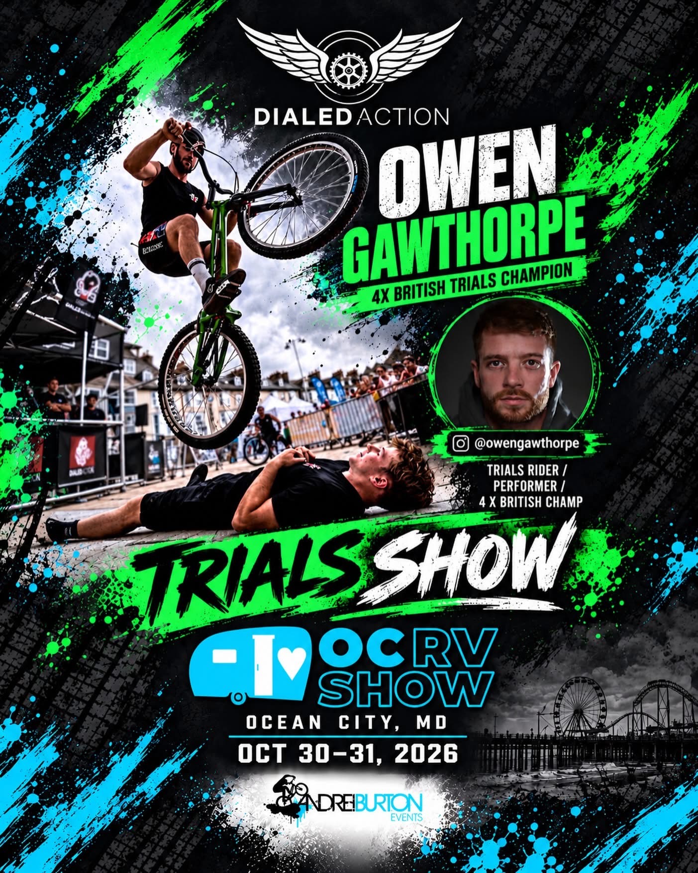BMX rider on a green bike performs a mid-air trick at a crowded outdoor skate event with a bold 'TRIALS SHOW' banner and splashy green and blue graphics behind him.